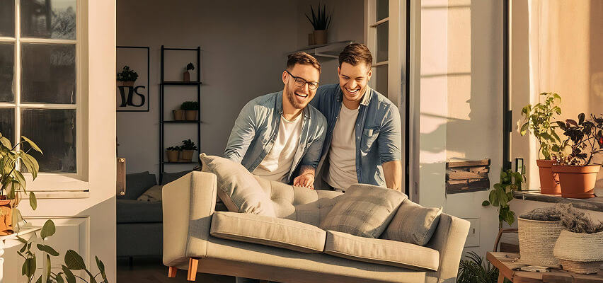 Two people carrying a sofa into their new home